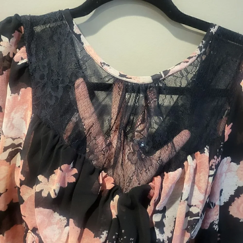 Free People Daphne Blouse Midnight Combo Small Black and Pink Floral